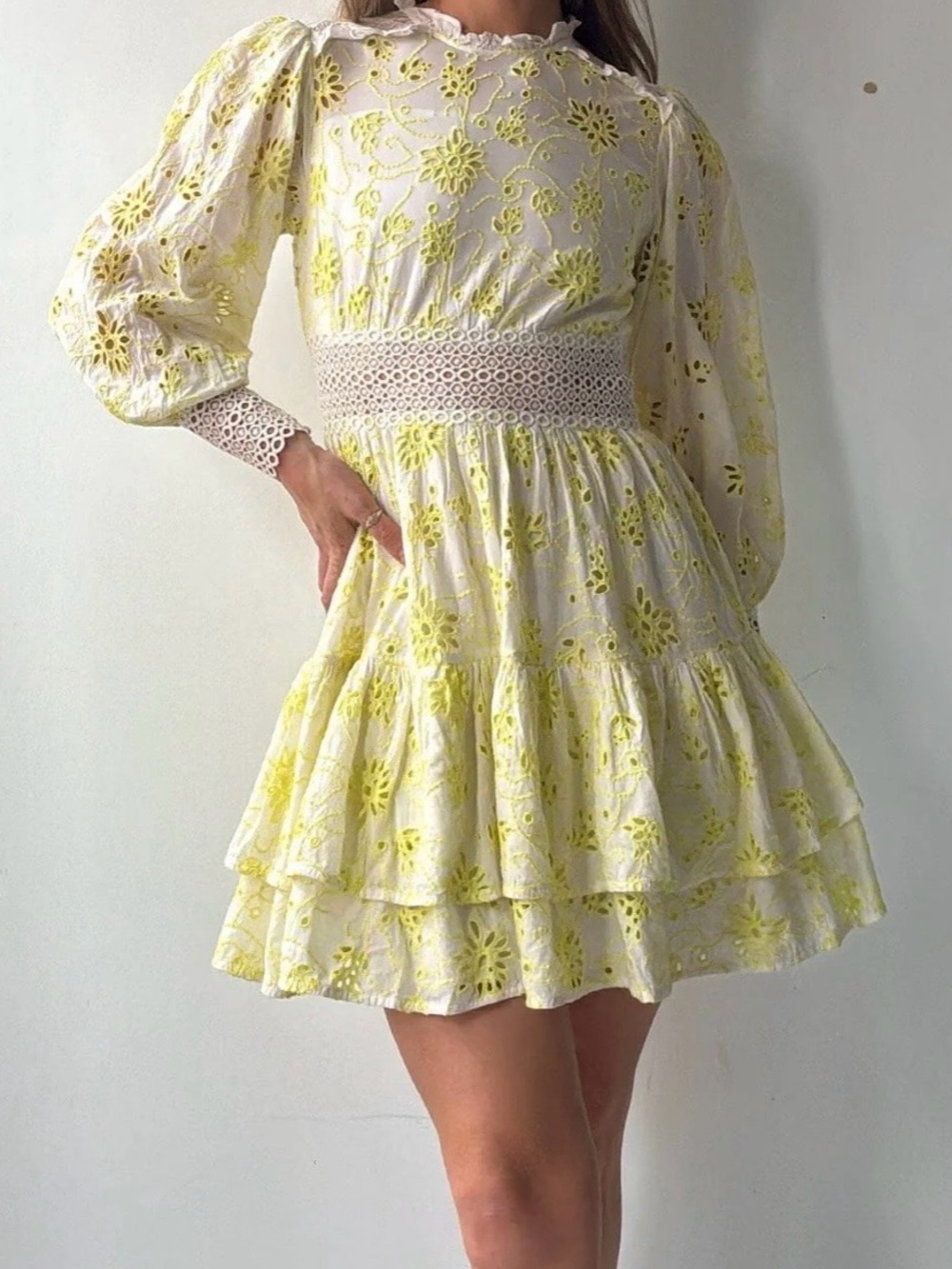 All Saints White Mini Dress with Neon Yellow Embroidery